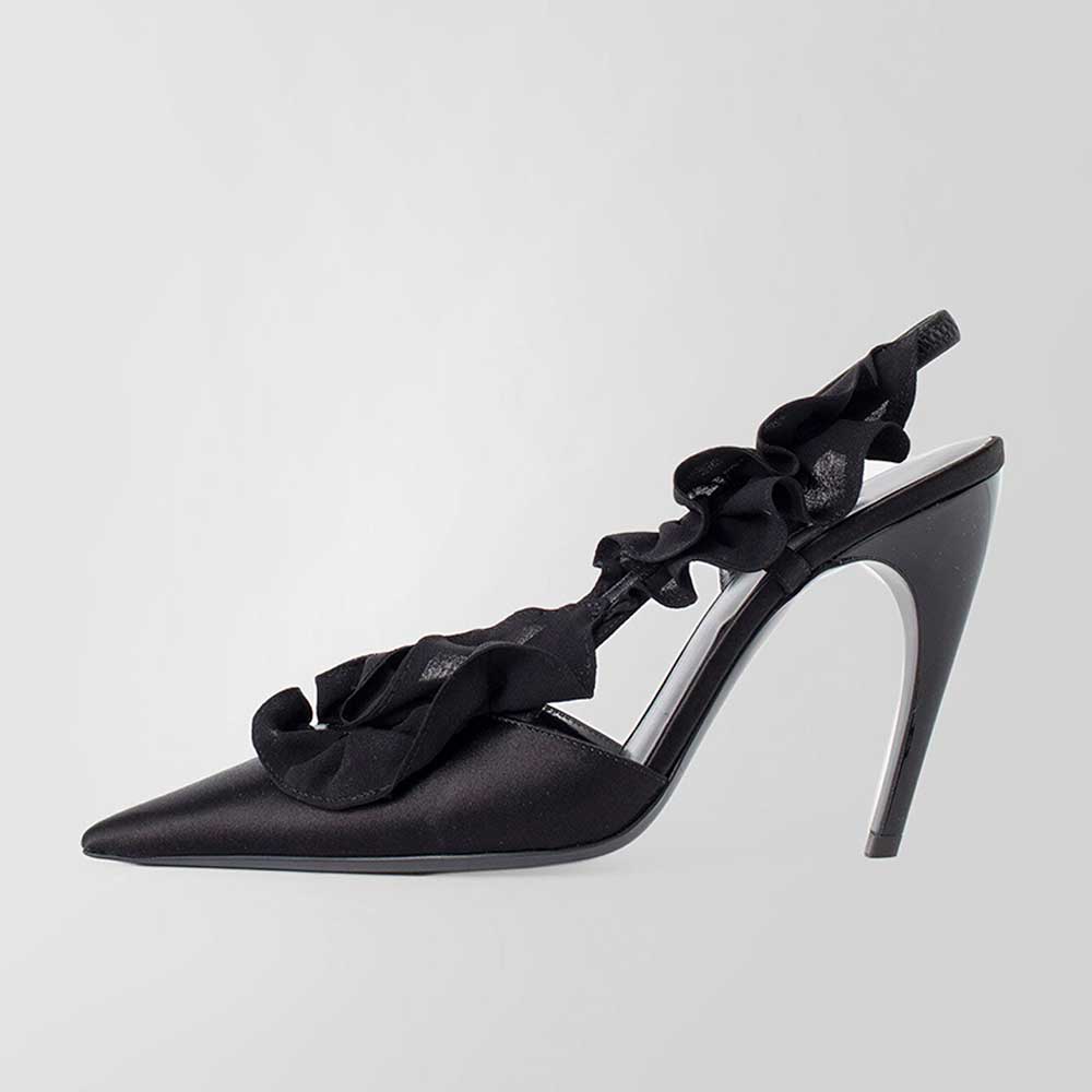 Black Satin Pointed Toe 4'' Stiletto Heel Ruffled Slingback Pumps Nicepairs