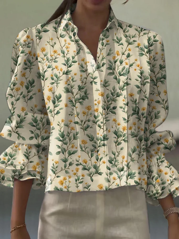 Women's Vintage Floral Art Print Casual Long Sleeve Cotton And Linen Shirt