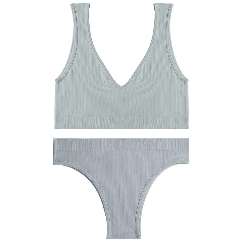 FINETOO Deep V Tops Panties Set Seamless Bralette Women M-XL Sexy Bra Set Backless Underwear Suit Girl Crop Top Underpants Set