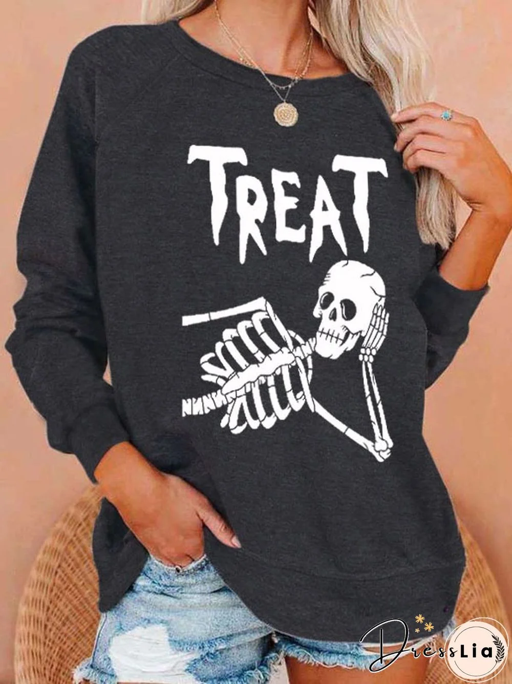 Halloween Skull Print Long Sleeve Sweatshirt