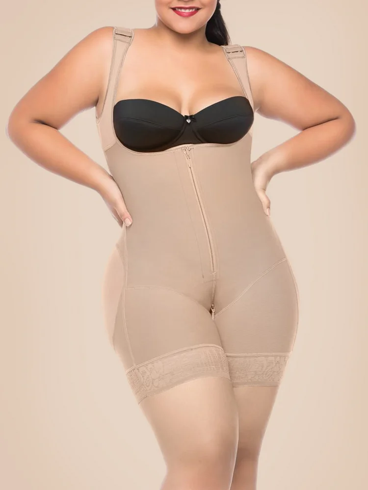 Compression Bodysuit Zipper Closure With Wide Adjustable Shoulder Straps Postpartum Tumt Control Shapewear For Women