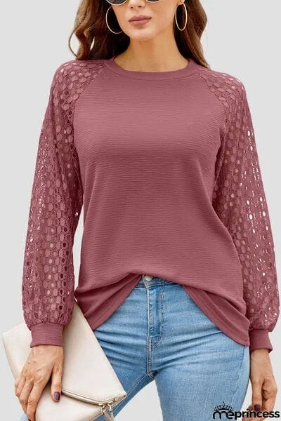 Full Size Eyelet Round Neck Long Sleeve T-Shirt