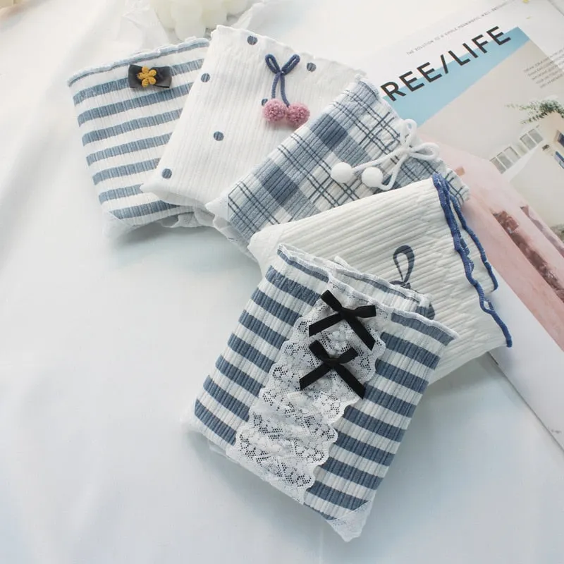 Women's Cotton Underwear Fashion Stripe Plaid Panties Sexy Lace Panties Middle Waist Seamless Comfortable Briefs Female Lingerie