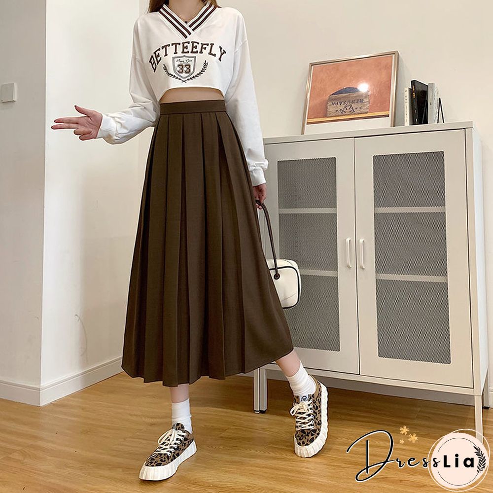 Vintage Pleated Midi Skirt Fashion High Waist Gothic Skirt Women Spring Casual Korean A-line Elastic Solid All-match Skirt New