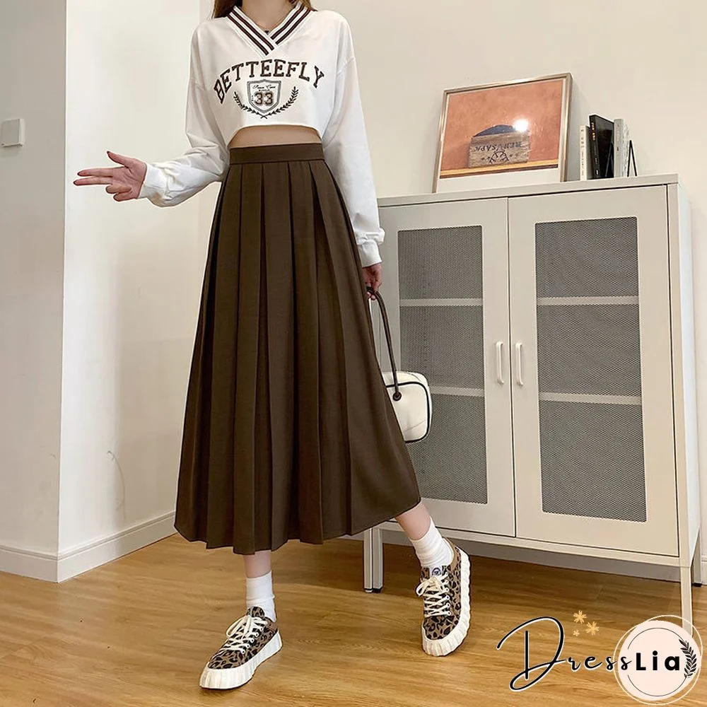 Vintage Pleated Midi Skirt Fashion High Waist Gothic Skirt Women Spring Casual Korean A-line Elastic Solid All-match Skirt New