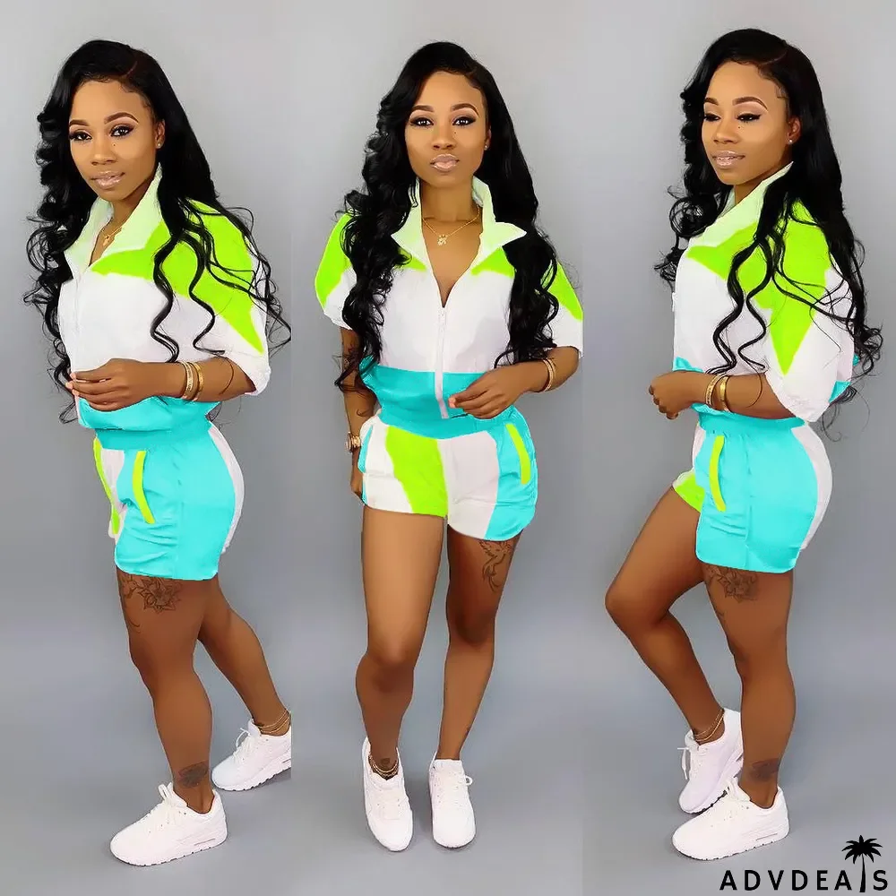Turndown Collar Casual Sports Contrast Patchwork Half-Sleeve + Shorts Suit Women