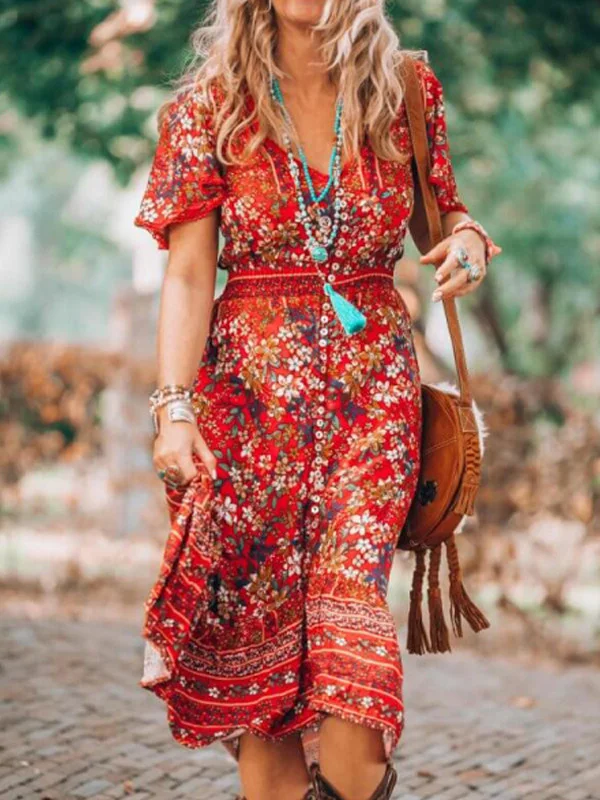 Boho V Neck Floral Open Fork Dress Midi Dress