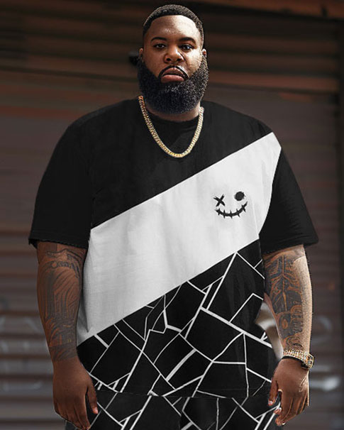 Casual Colorblock Geometric Print Large Size Men's T-shirt Shorts Set T-Shirt-Black-9XL