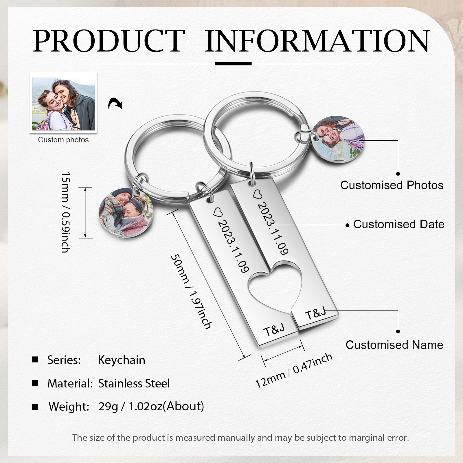 Personalised Couple Keychain Custom 2 Names & 2 Dates & 2 Photos Keyring Matching Couple Gifts Valentine's Day Gift for Him/Her-Jessemade AU