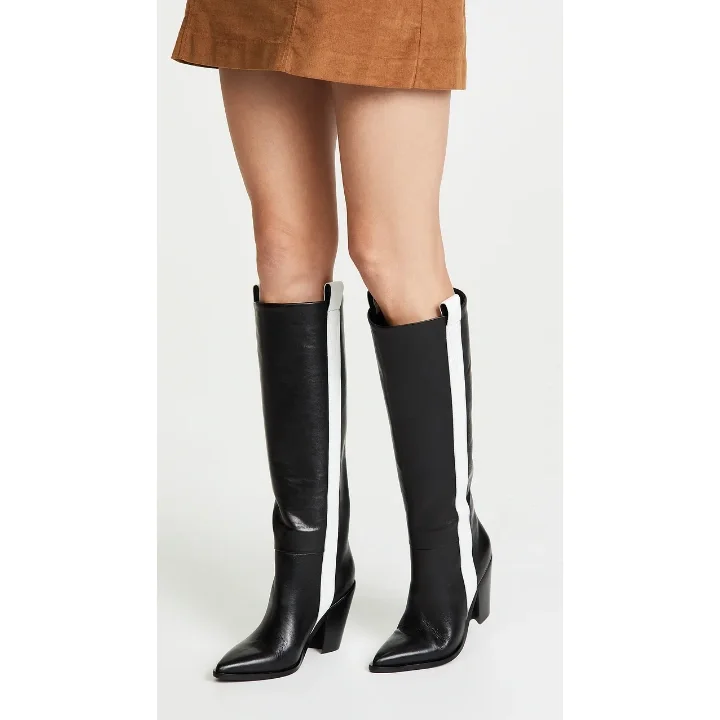 Bottes noires et blanches à bout pointu et talons carrés avec brides de cheville Flusfy