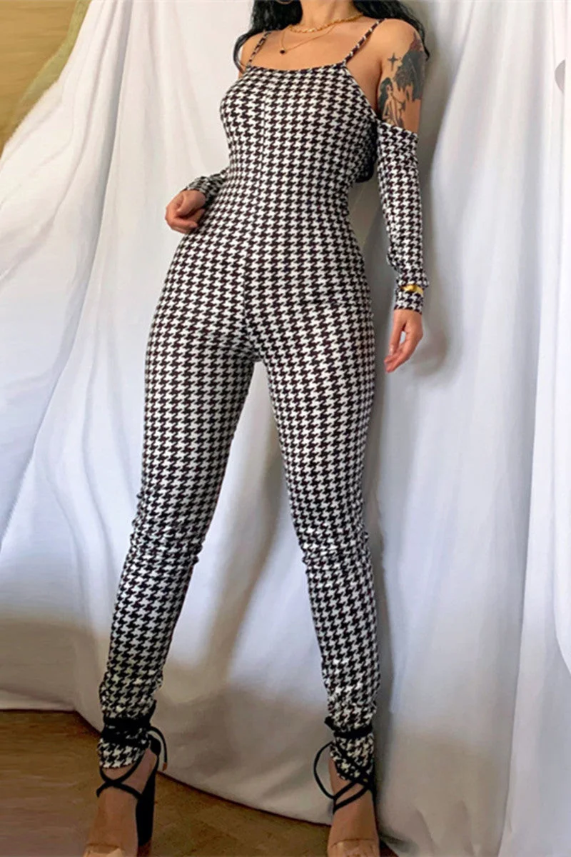 Fashion Sexy Print Backless Square Collar Skinny Jumpsuits