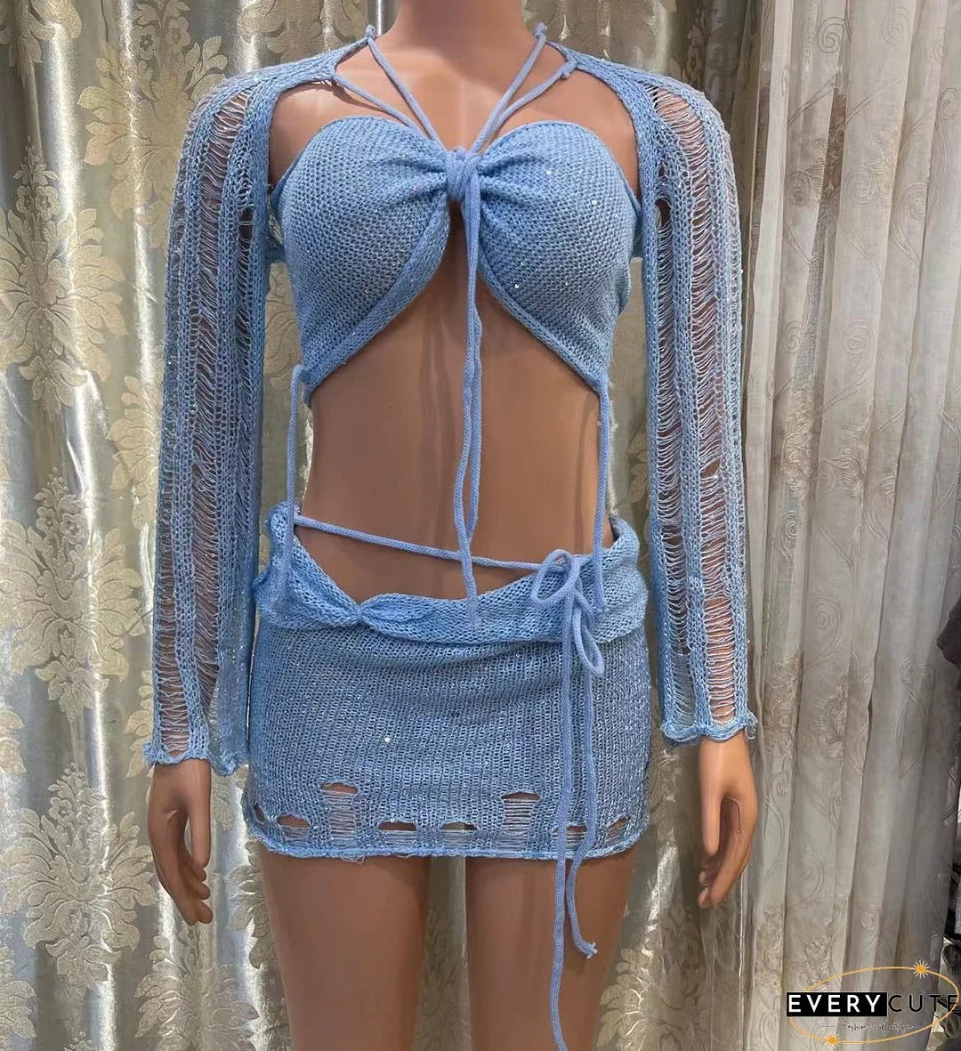 Women's Sequined Knitting Long Sleeve Three-Piece Skirt Set