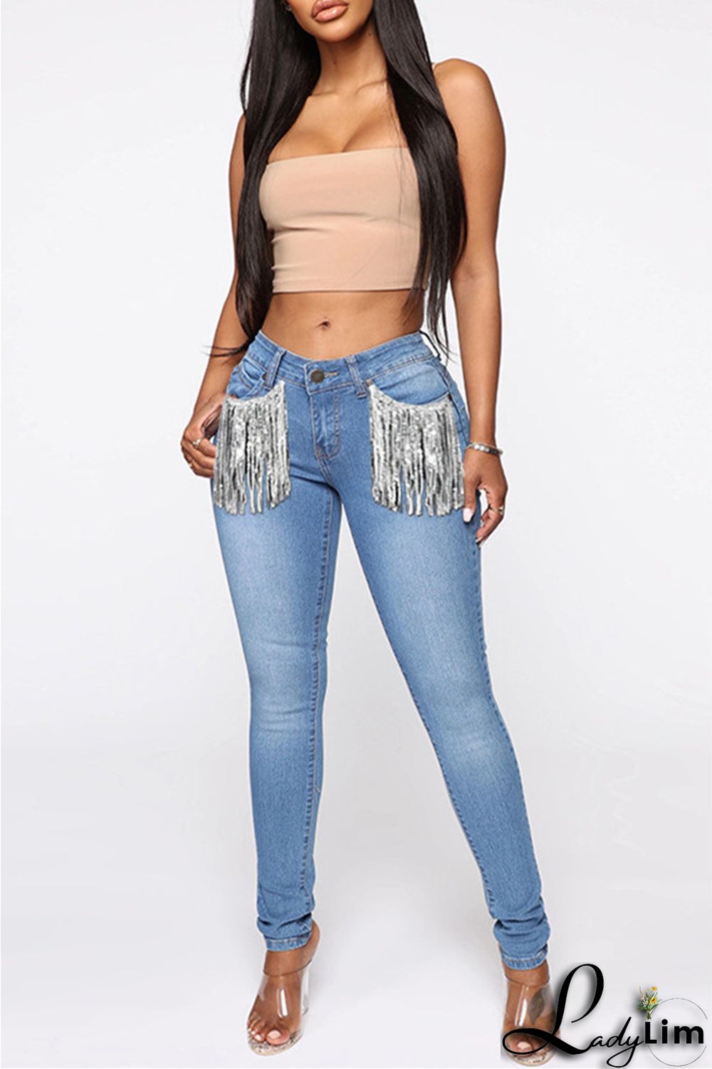 Light Blue Fashion Casual Solid Tassel Patchwork Mid Waist Skinny Denim Jeans