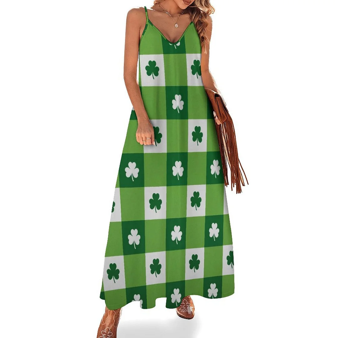 Style & Comfort for Mature Women Plus Size Printed Sling Casual Women Maxi Dress in Pattern St. Patrick's Day, Green, Clover, Lucky