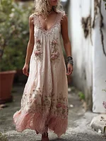 Boho Pink Roses Lace Ruffle Bottom Flowy Linen Maxi Dress