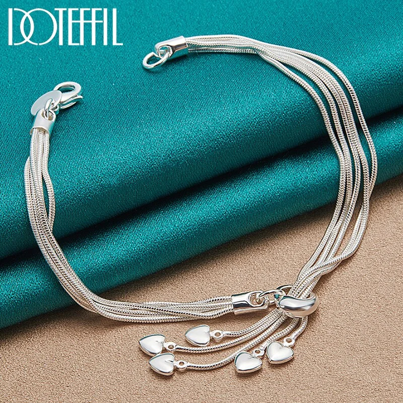 925 Sterling Silver Five Solid Love Heart Snake Chain Bracelet For Women Jewelry