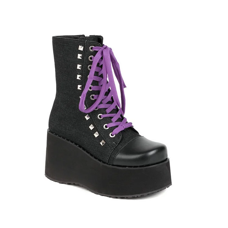 Rivets Lace Up Monoblock Wedge Boots