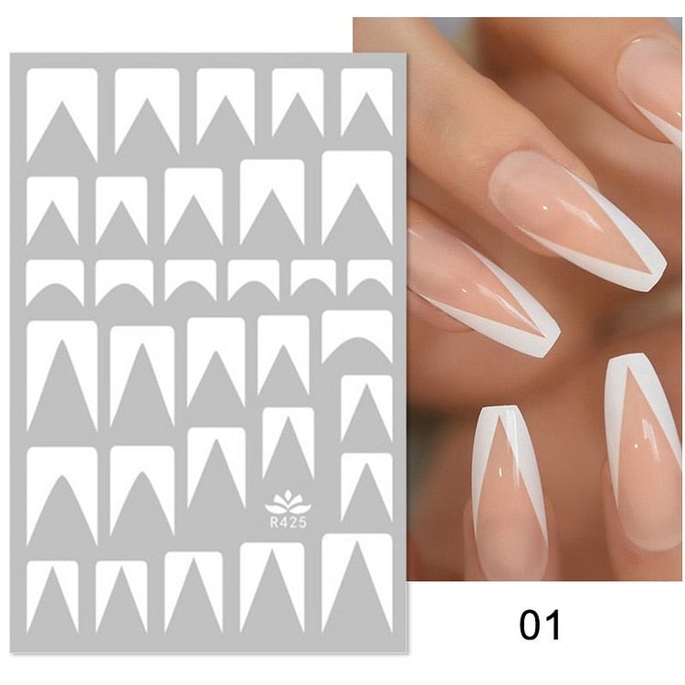 Black White French Line Nails Stickers Chess Oblique Strip Design Decals 3D Creative Geometry Love Heart Manicures Tips