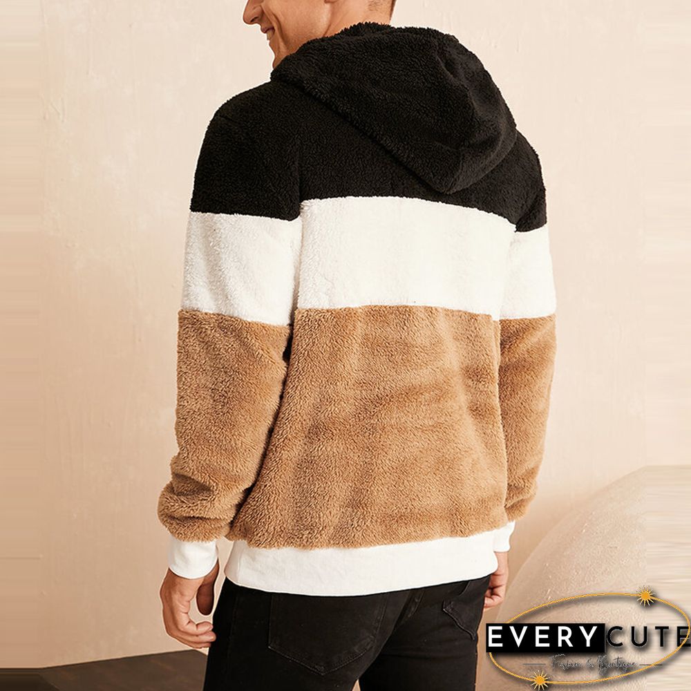 Mens Fleece Patchwork Casual Fluffy Hoodie