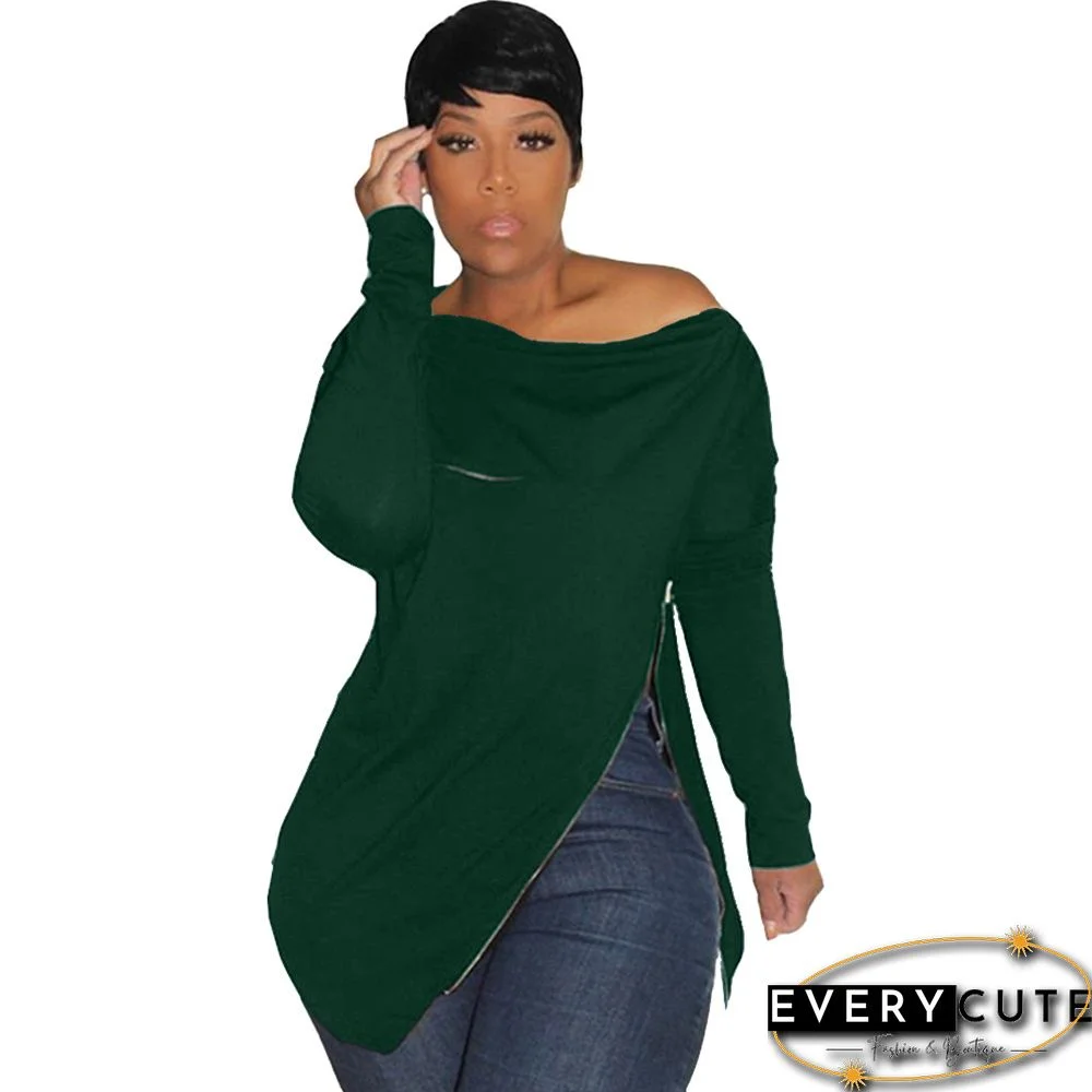 Green Off Shoulder Zipper Irregular Long Sleeve Top