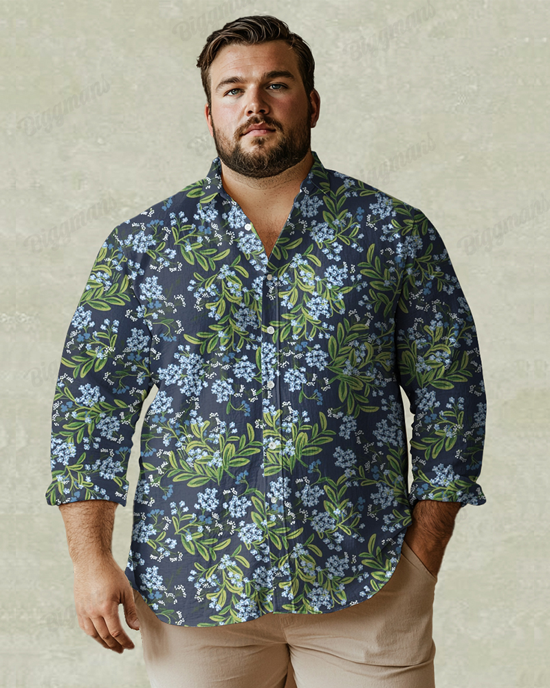Fashion Romantic Secret Orchid Pattern Print Long Sleeve Lapel Shirt Men's Plus Size