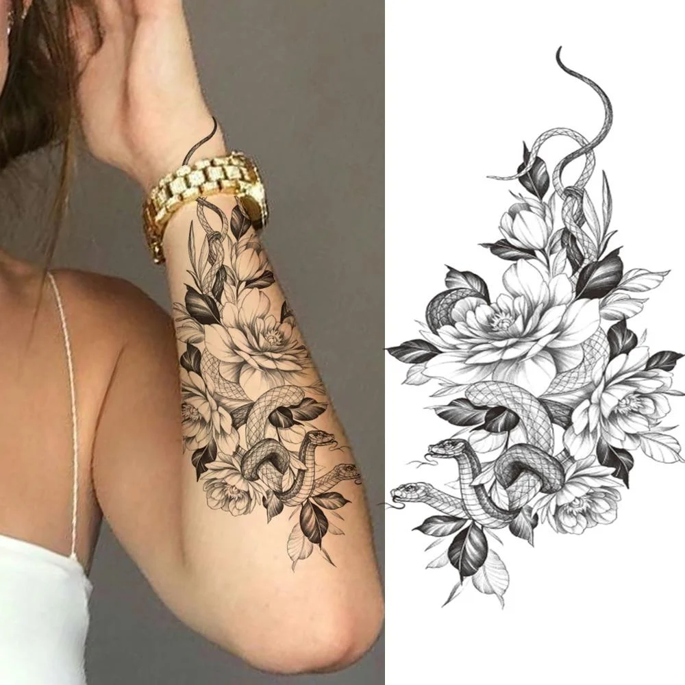 Large Realistic Flower Fake Tattoo Stickers For Woman Female Azalea Snake Flower Temporary Tattoos Body Art Water Transfer Tatoo 1103