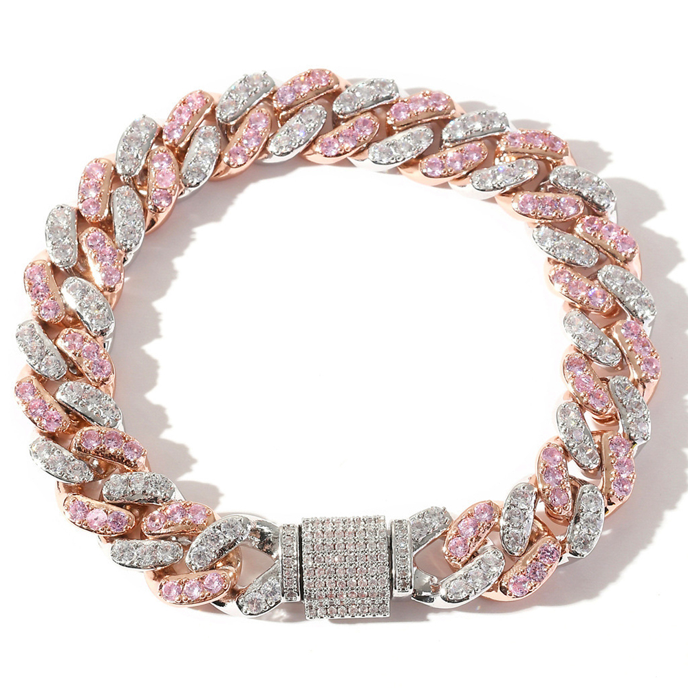 12MM Iced Out Pink White Cubic Zirconia Cuban Bracelets