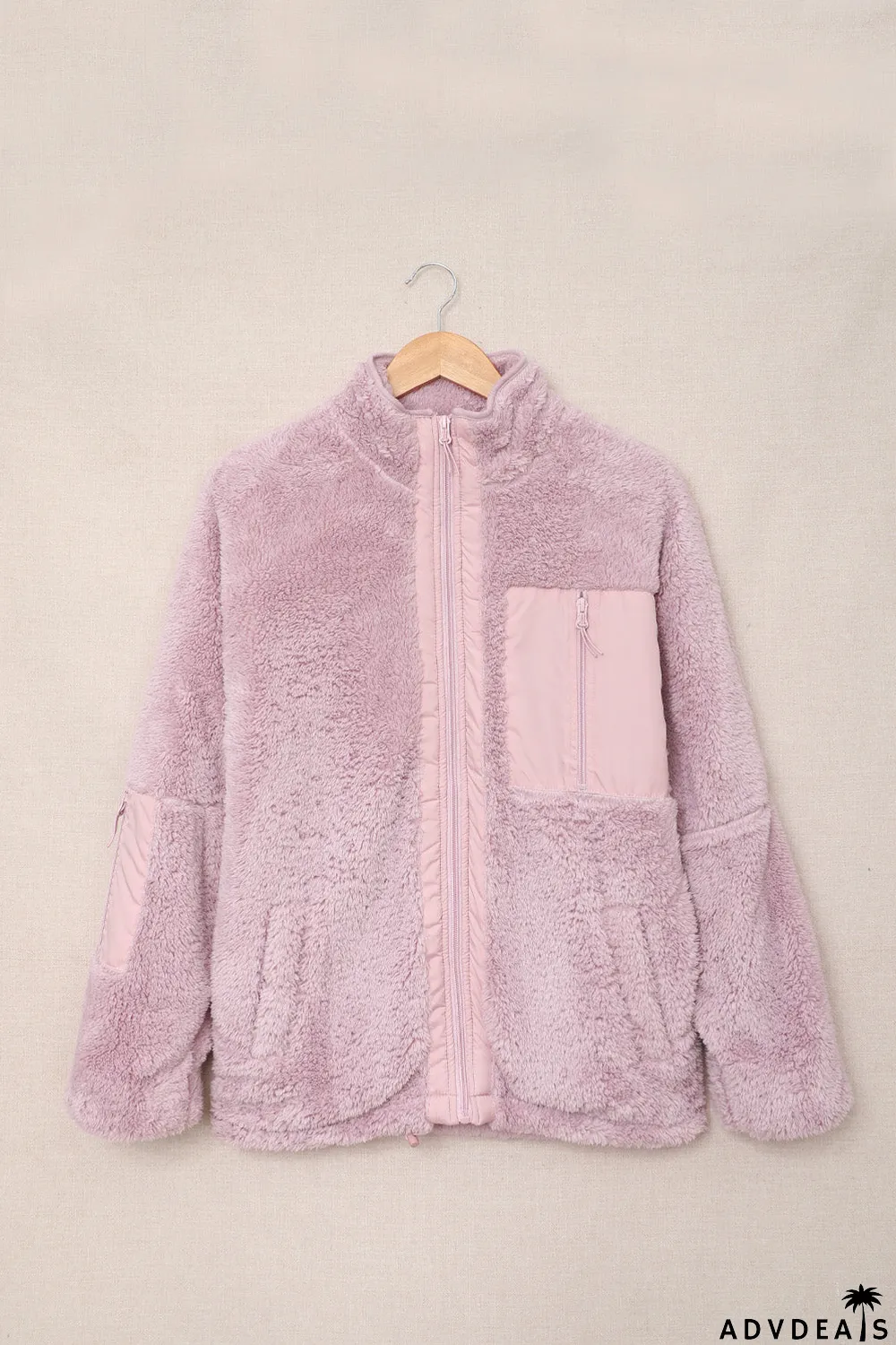 Zip Up Sherpa Coat With Pocket