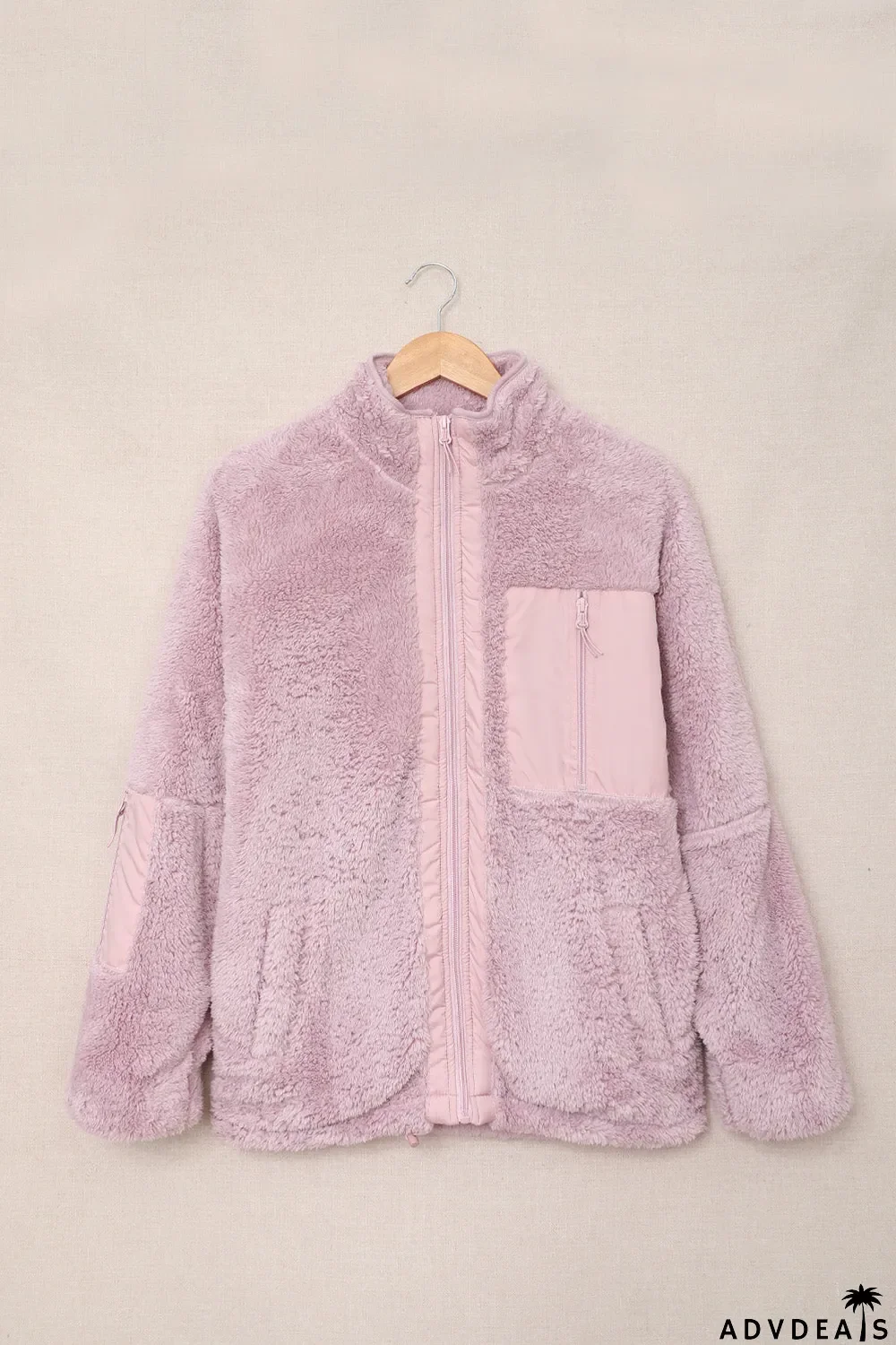 Zip Up Sherpa Coat With Pocket
