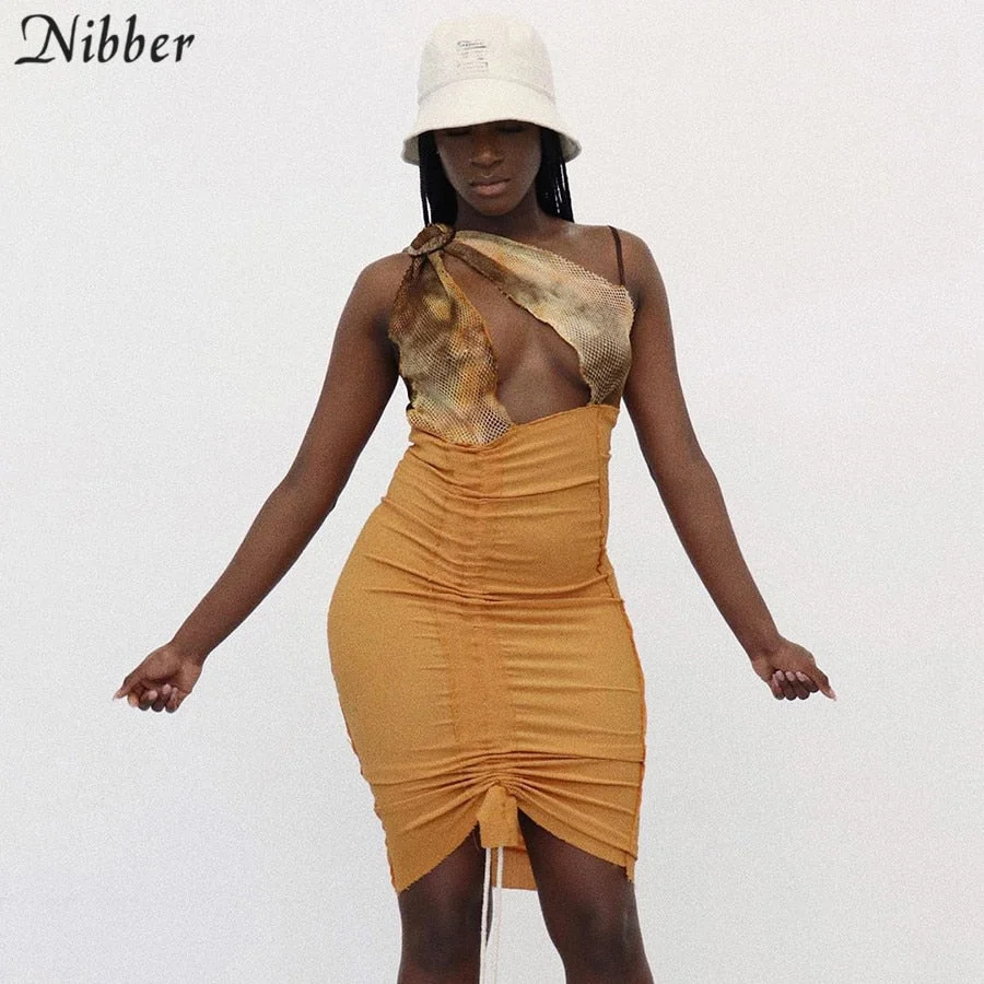 Nibber Drawstring patchwork design elegant sling dresses for women sexy hollow bodycon mini dresses Leisure vacation wear mujer