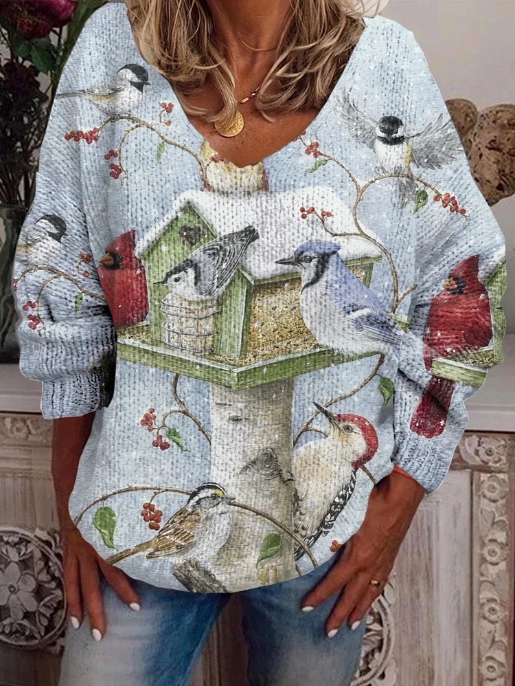 Christmas Eve Snow Bird Print V-Neck Long Sleeve Sweater