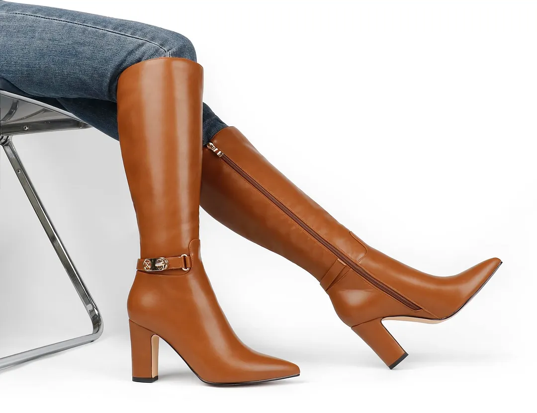 85mm/3.35 inch Women's matte high heel pointed toe buckle style casual zipper knee high boots-vocosishoes