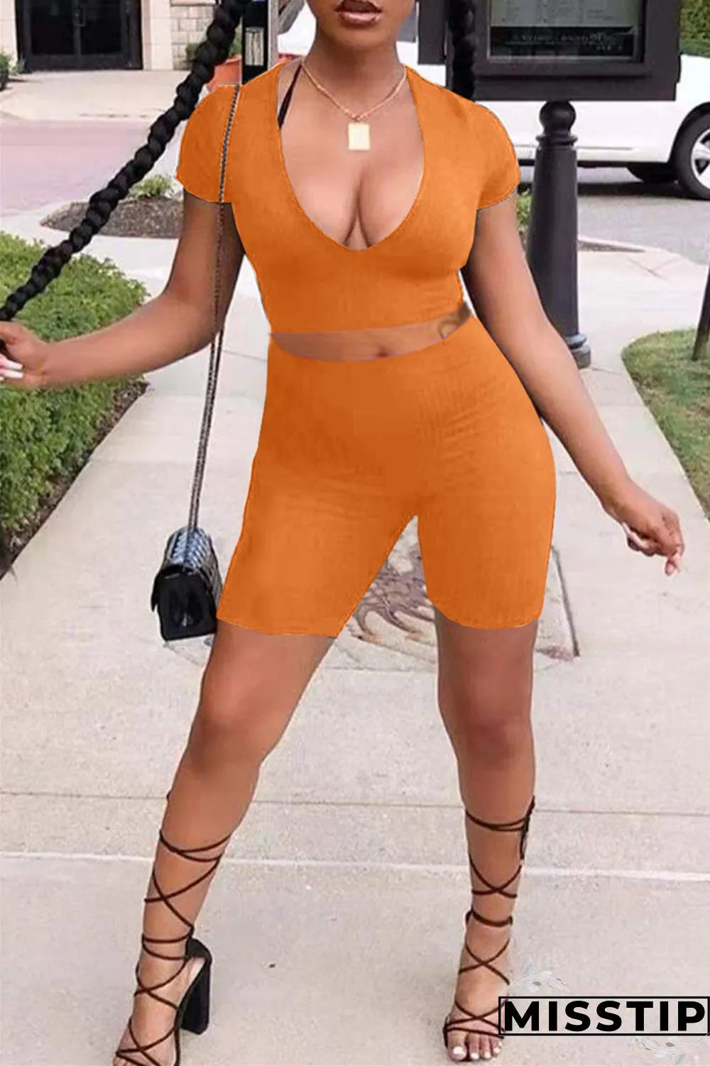 Orange Fashion Casual Solid Basic V Neck Short Sleeve Two Pieces