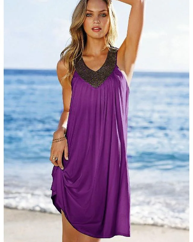 Women's Sundress Short Mini Dress - Sleeveless Summer V Neck Hot Holiday Beach Purple One-Size-0218822