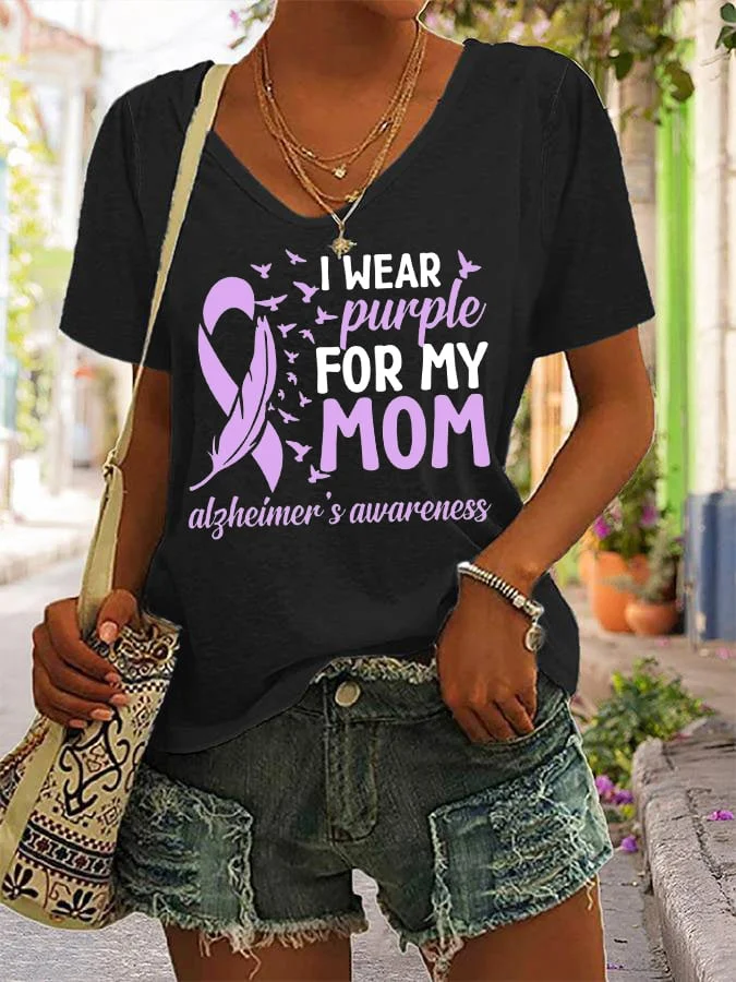 Women's I Wear Purple For My Mom Alzheimer's Awareness V-Neck Tee socialshop