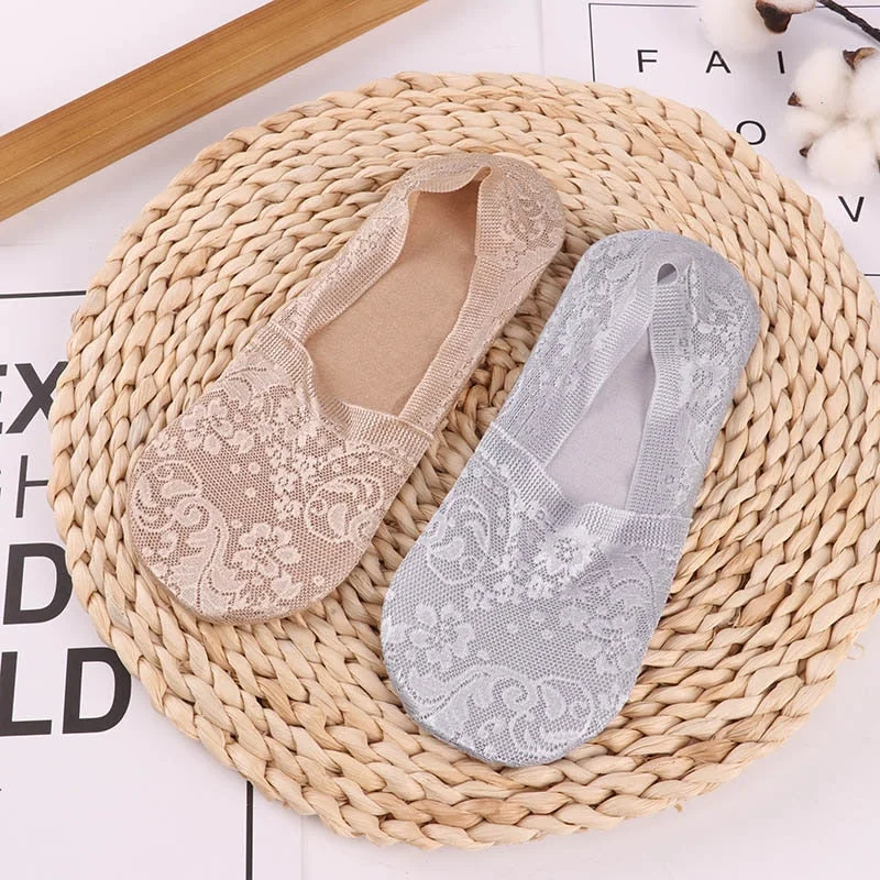1/2 Pairs Fashion Women Girls Summer Socks Style Lace Flower No Show Short Sock Antiskid Invisible Ankle 2021 Sox Sock Slippers