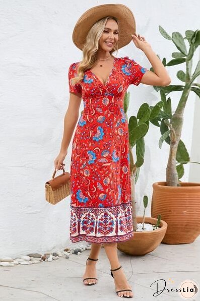 Printed Surplice Short Sleeve Dress