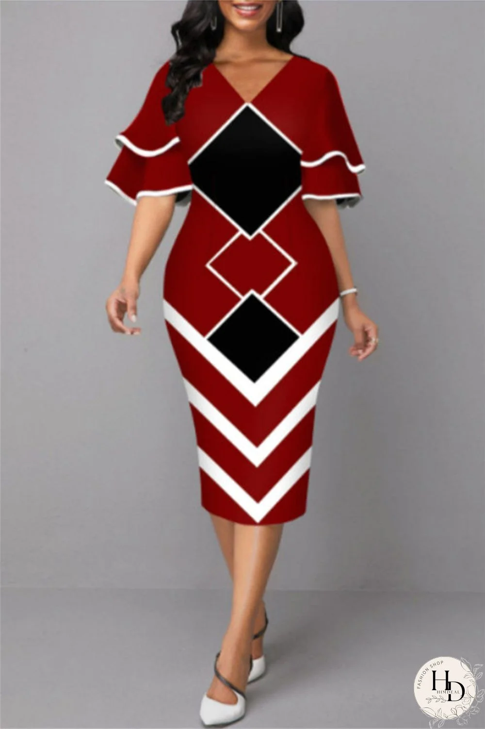 Purple Fashion Casual Print Patchwork V Neck One Step Skirt Dresses