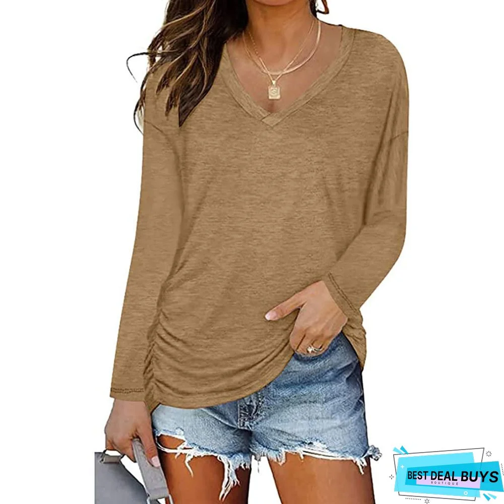 Long Sleeve Cotton V Neck Casual T-shirt