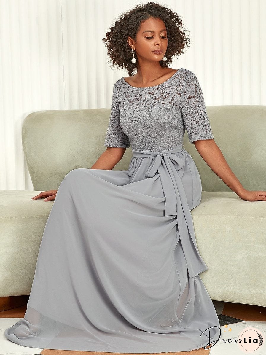 Sophisticated Lace Bodice Chiffon Maxi Evening Gown with Belt for Elegant Occasions