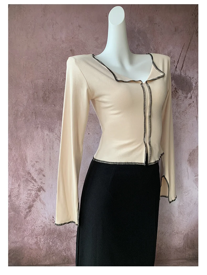 Zingj Zingj New Bright Line Design Sense Half Open Collar Long Sleeved T Shirt Female Chic Niche Slit Lapel Hot Girl Jacket