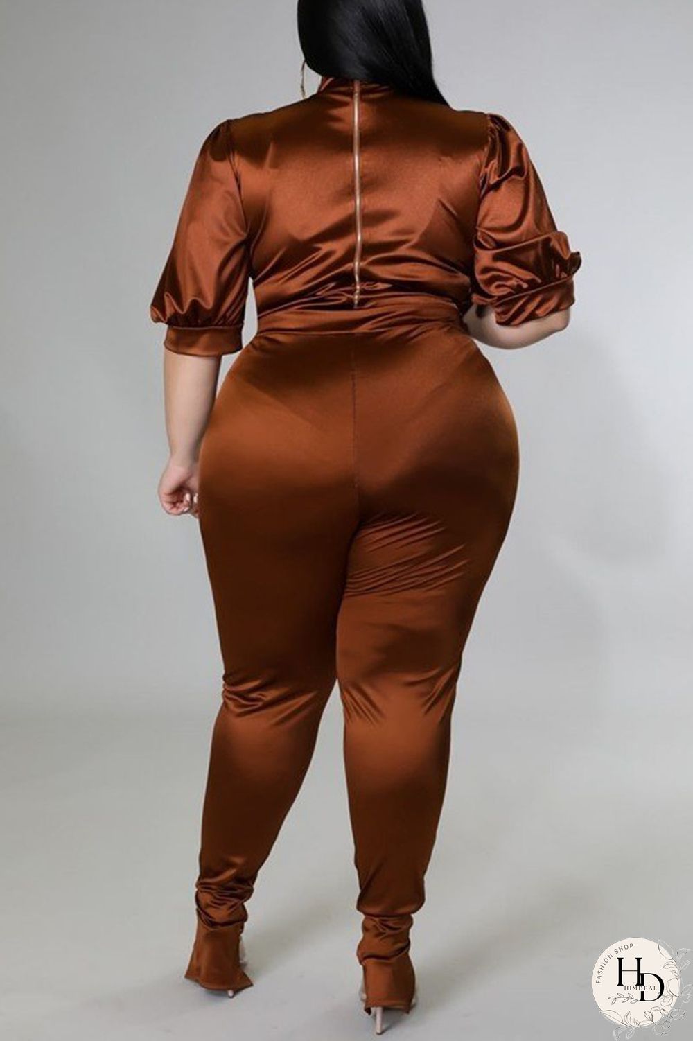Coffee Casual Solid Patchwork Half A Turtleneck Plus Size Two Pieces