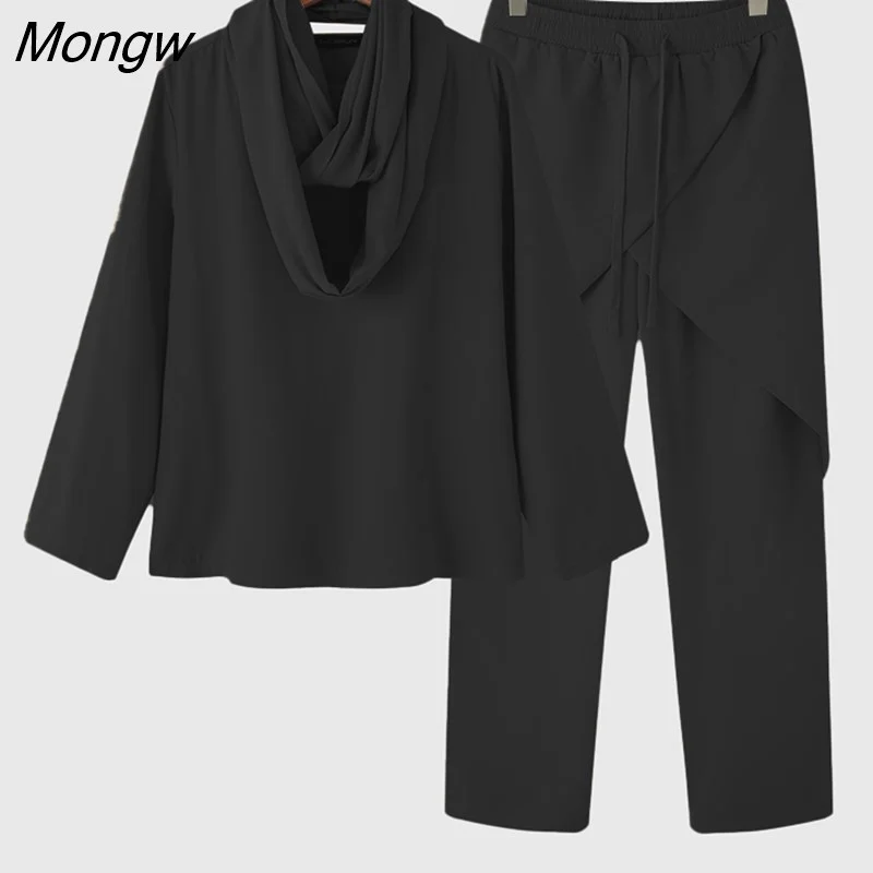 Mongw Men Sets Solid Color Vintage Streetwear Long Sleeve Shirt With Scarf & Pants 2PCS 2023 Muslim Clothing Men Casual Suits INCERUN