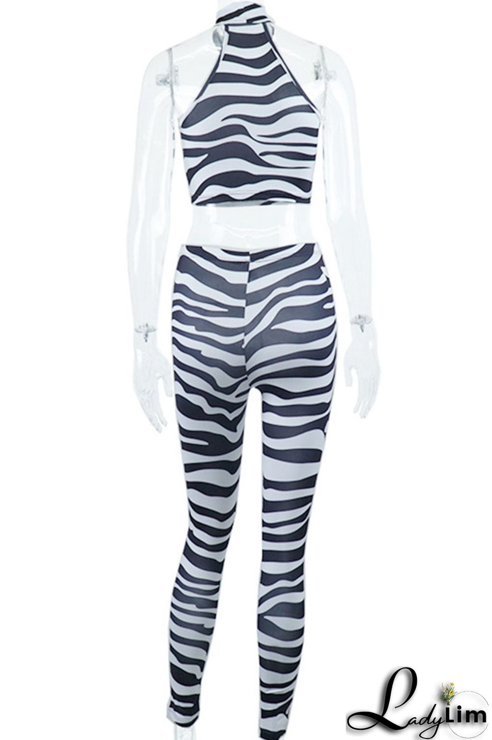 Black Sexy Print Split Joint O Neck Sleeveless Two Pieces