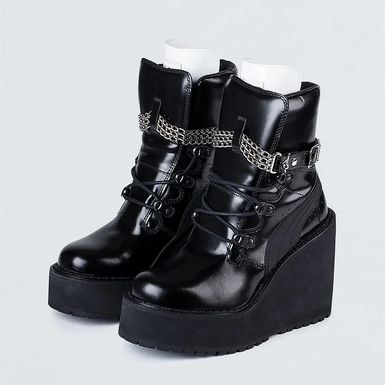 Black Chain Lace-Up Wedge Heel Ankle Booties Vdcoo