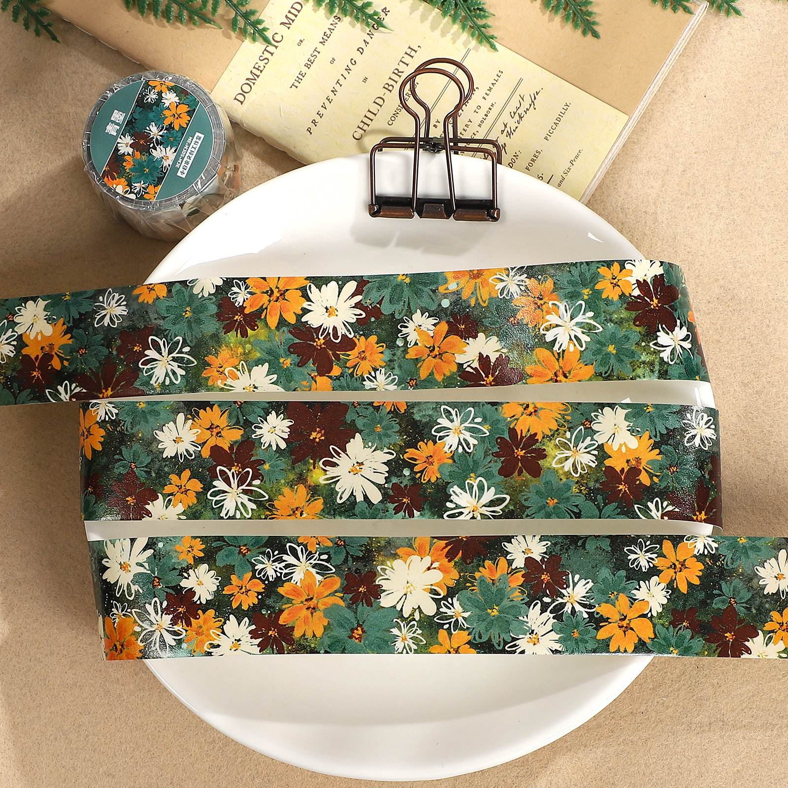 와시 테이프 - 30mm*300cm 빈티지 그린 플라워