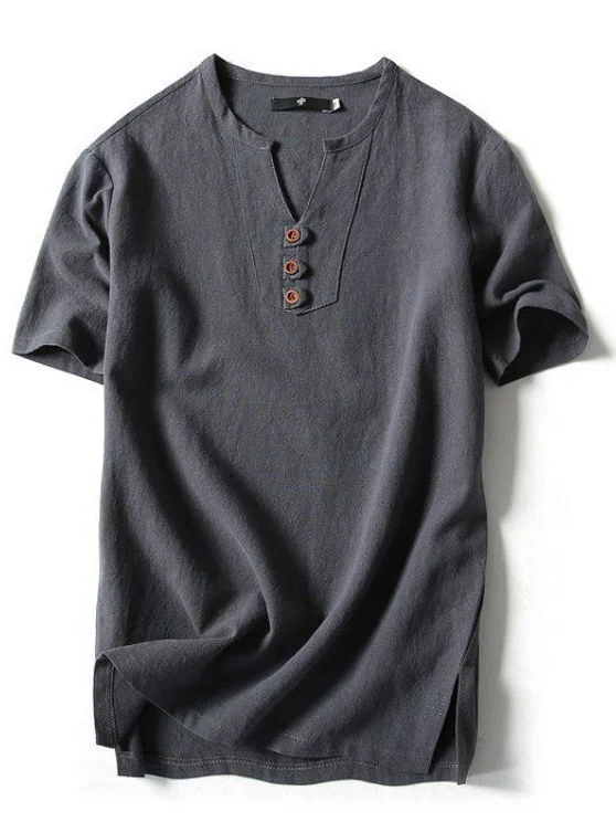 Men's Solid Color Side Slit Loose Short Sleeve Button Shirt