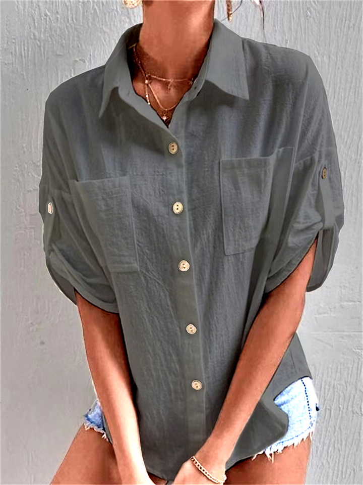 Summer Women's Shirts New Medium-sleeved Pocket Lapel Medium-length Cotton Linen Solid Color Shirt