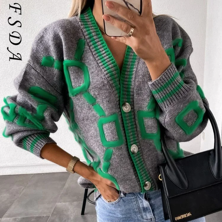 FSDA 2021 V Neck Long Sleeve Caridigan Women Green Autumn Winter Knitted Sweater Loose Casual Fashion Jumper Tops Vintage