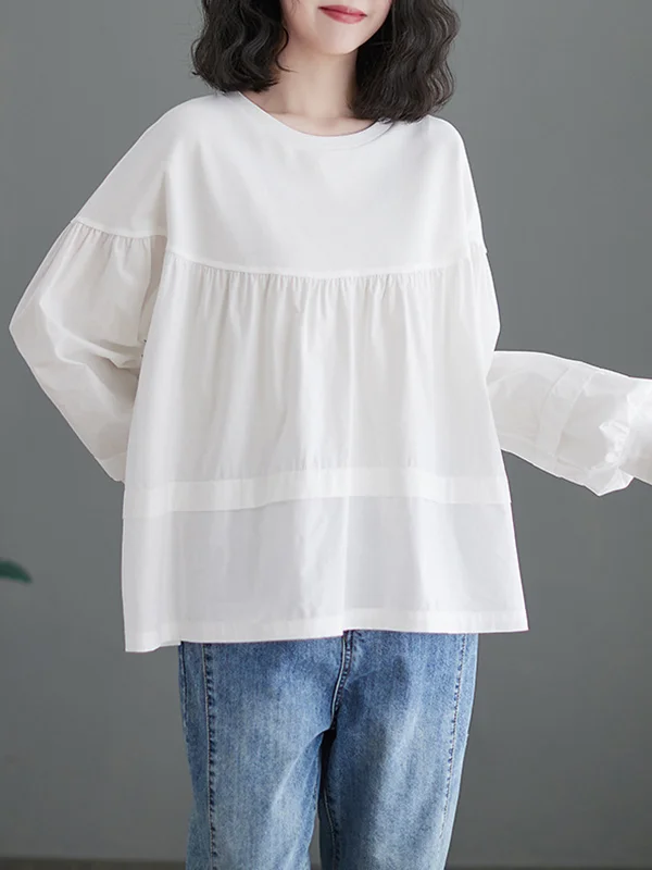 Split-Joint Pleated Puff Sleeves Loose Round-Neck T-Shirts Tops